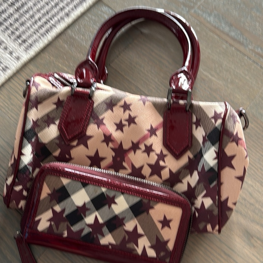 Burberry Burgundy and Beige Star Pattern Satchel